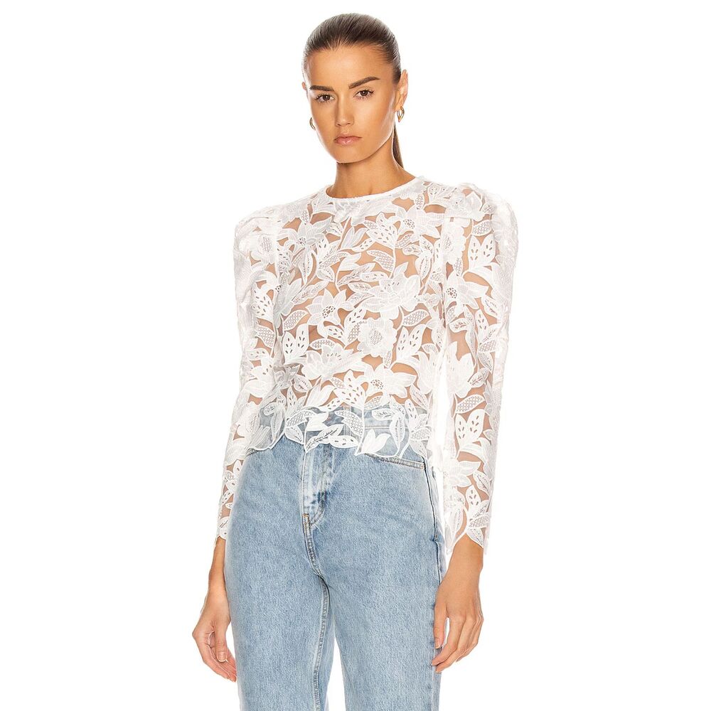 NWT Self-Portrait Long Sleeve Leaf Guipure Top in White Women's Size 10